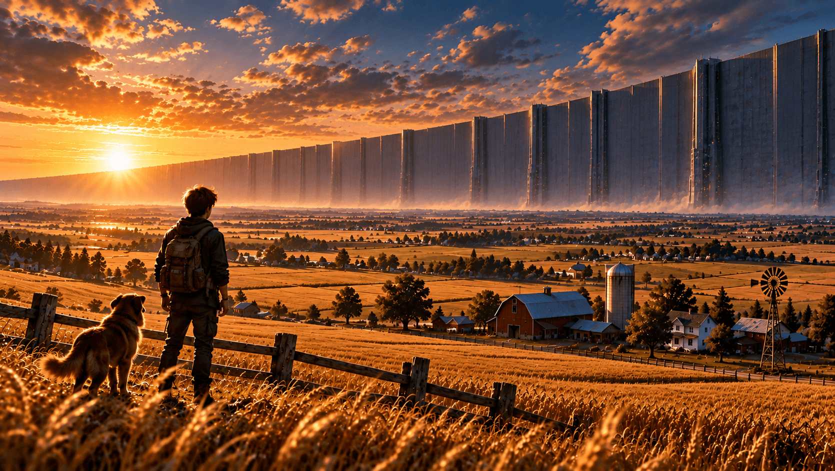 A boy with a backpack stands beside a dog at a wooden fence in a wheat field at sunset, looking across farmland toward an immense wall stretching to the horizon.