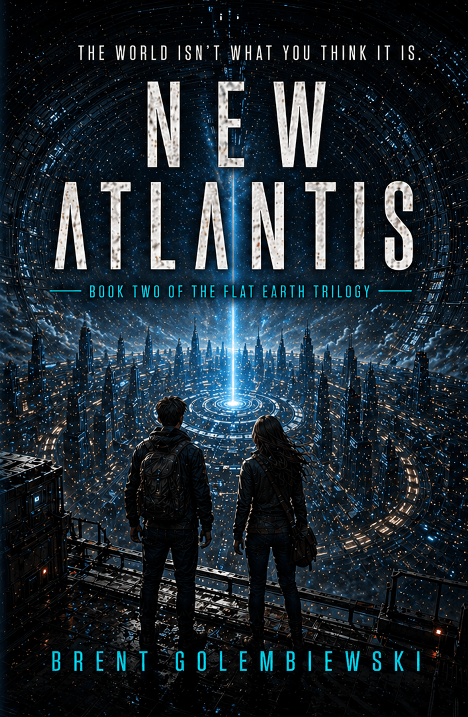 New Atlantis cover: the same two teenagers, seen from behind on a metal walkway, look out over a vast circular city of glowing towers as a beam of blue light rises from its center.
